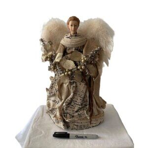 Vintage Angel Tree Topper Figurine Porcelain Head Hands Feather Wings Beige 14"